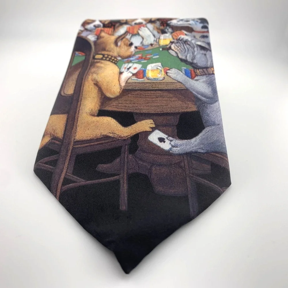 Vintage Ralph Marlin Mens Tie Black Dogs‎ Playing Poker Scene Poly Necktie USA